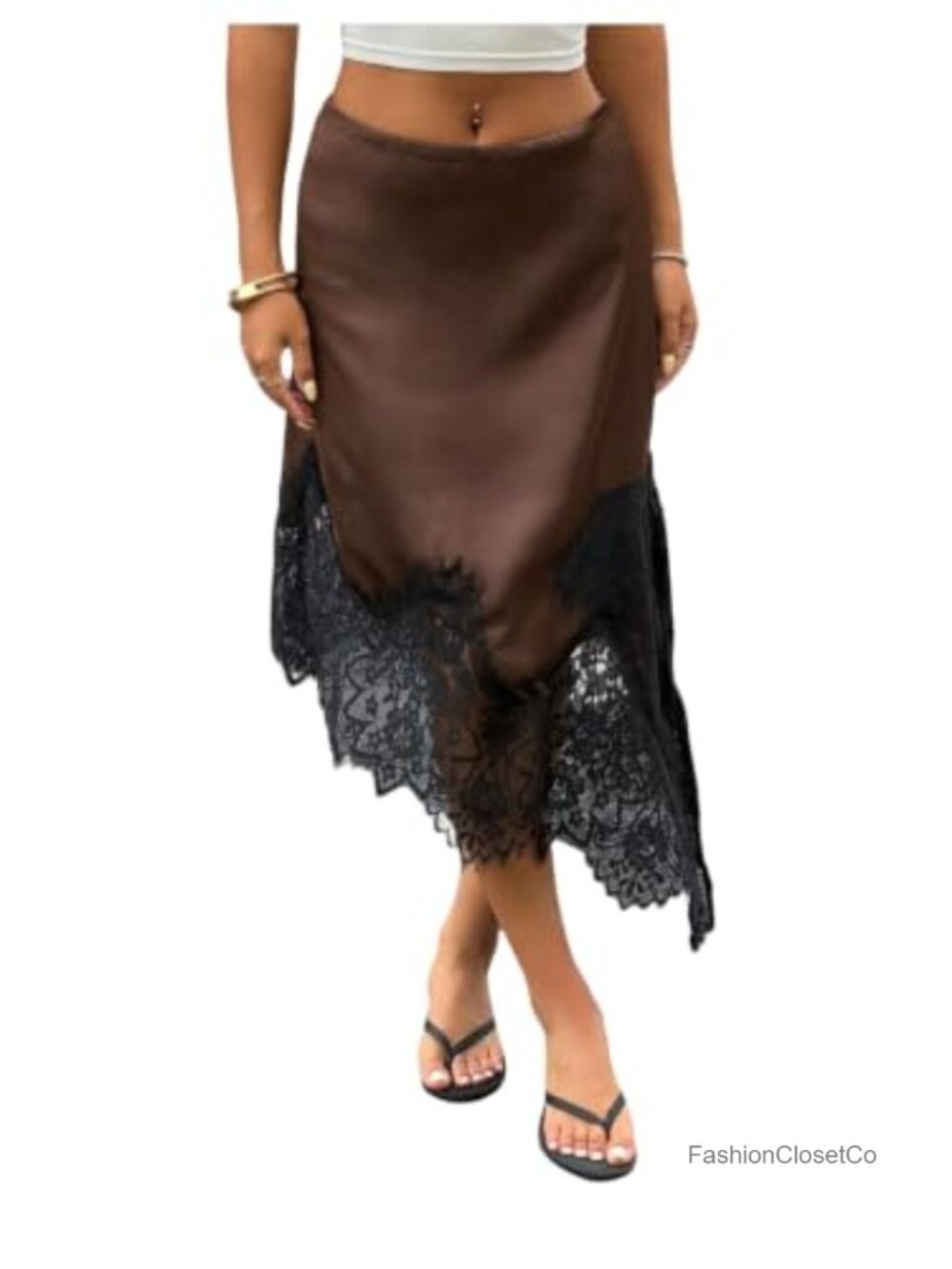 Satin Lace Midi Skirt Low Rise Asymmetrical Hem Going Out